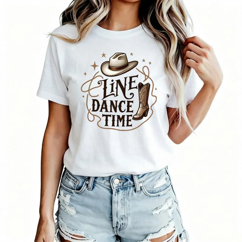 Line Dance Time Women's T-Shirt 100% Cotton Funny Graphic Short Sleeve Tee Novelty Shirt Casual Crew Neck Top S-5Xl