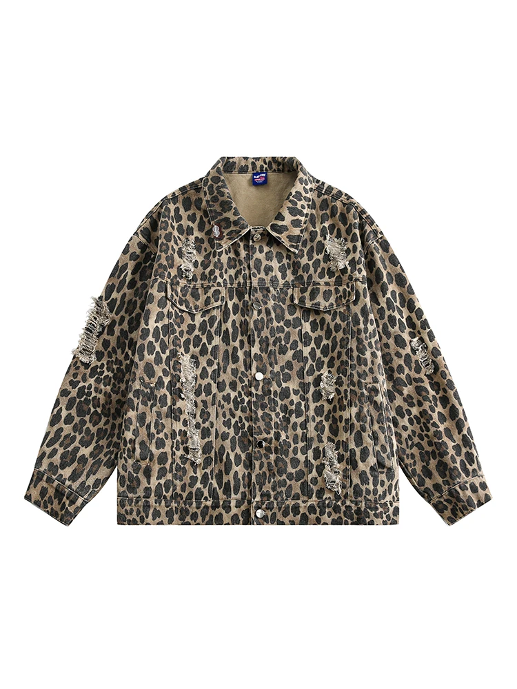 American Retro Leopard Pattern Ripped Hole Niche Lapel Jackets for Men Women Spring Autumn Casual Versatile Single-breasted Coat