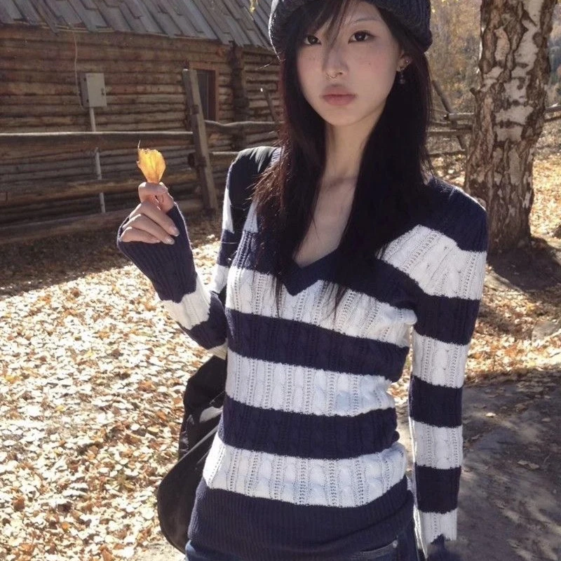 

Винтажные полосатые свитера с v-образным вырезом Deeptown Harajuku Y2k, серый вязаный пуловер в корейском стиле, повседневные джемперы с длинными рукавами, эстетика