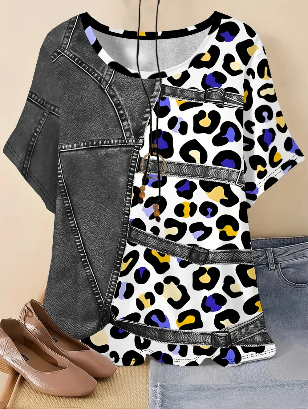 Damen-T-Shirt im Vintage-Stil mit Leopardenmuster und Denim-ähnlichem Print, O-Ausschnitt, Kurzarm, Lässiges Vintage-Oberteil in Übergrößen – Detail 3
