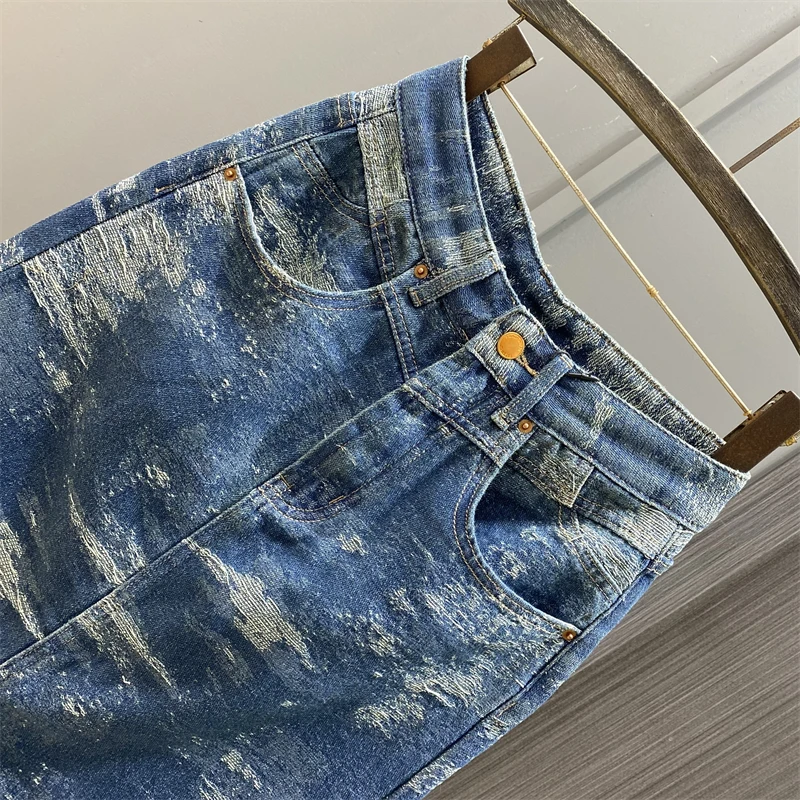 Street Style Distressed Denim Skirt for Women 2024 Summer New High Waist Jacquard Split A- Line Skirt One-Step Sheath Skirts