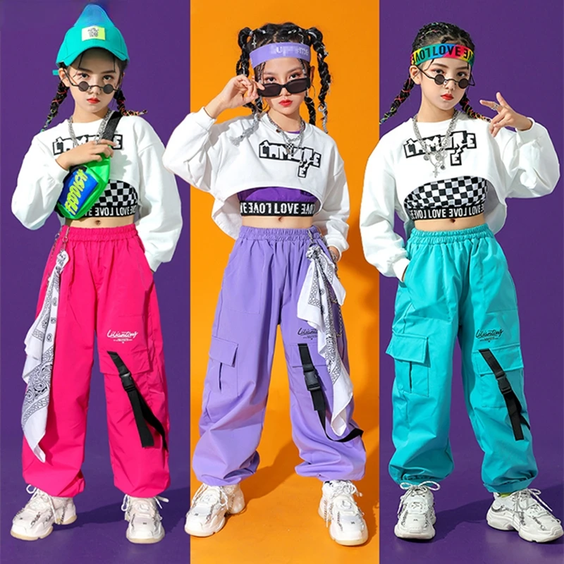 Hip Hop Girls Colorful Cargo Pants Crop Top Child Streetwear Cheerleader Solid Joggers Kids Jazz Street Dance Stage Clothes Sets