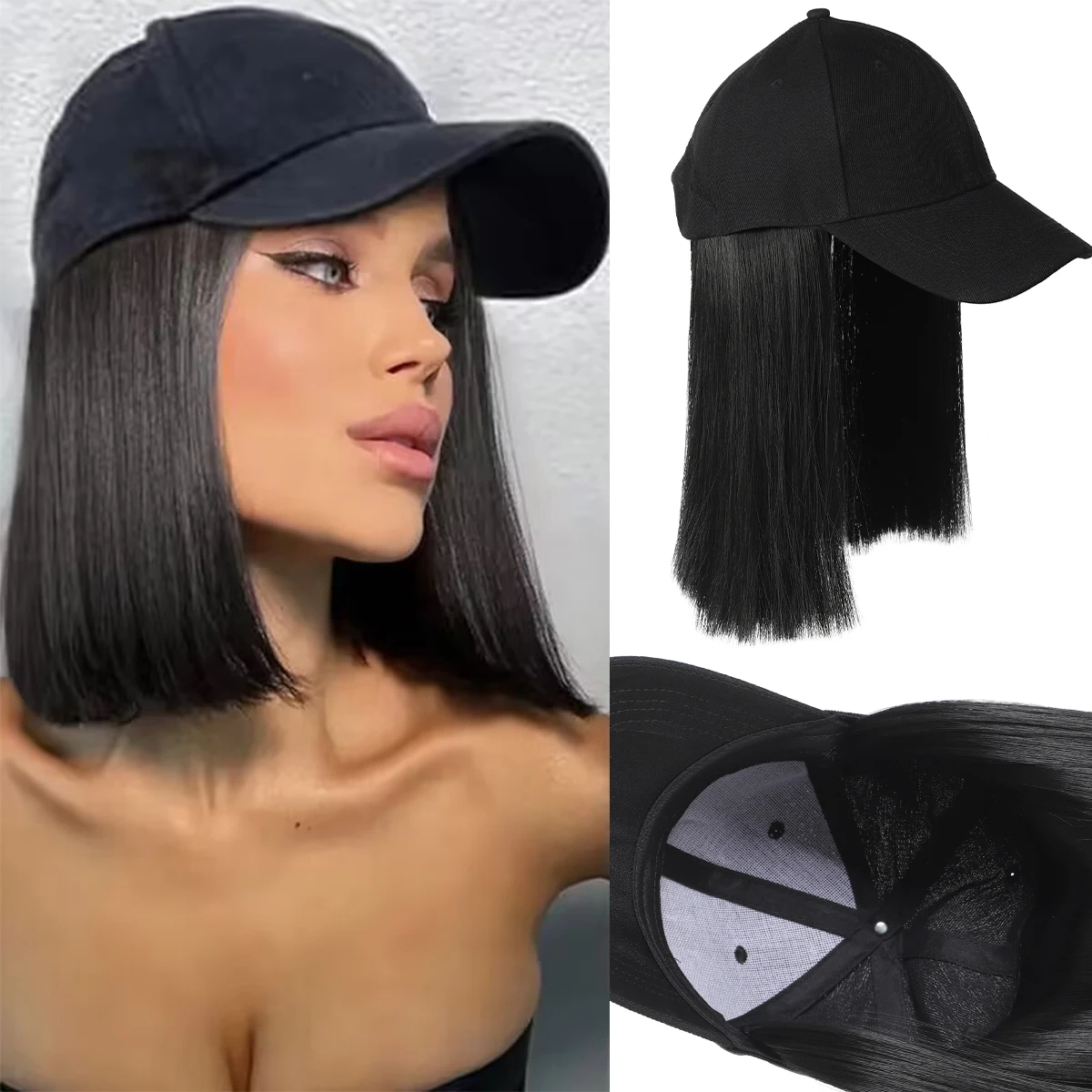 

Synthetic black cap short straight hair wig women's heat-resistant and affordable wig hat short hair styling