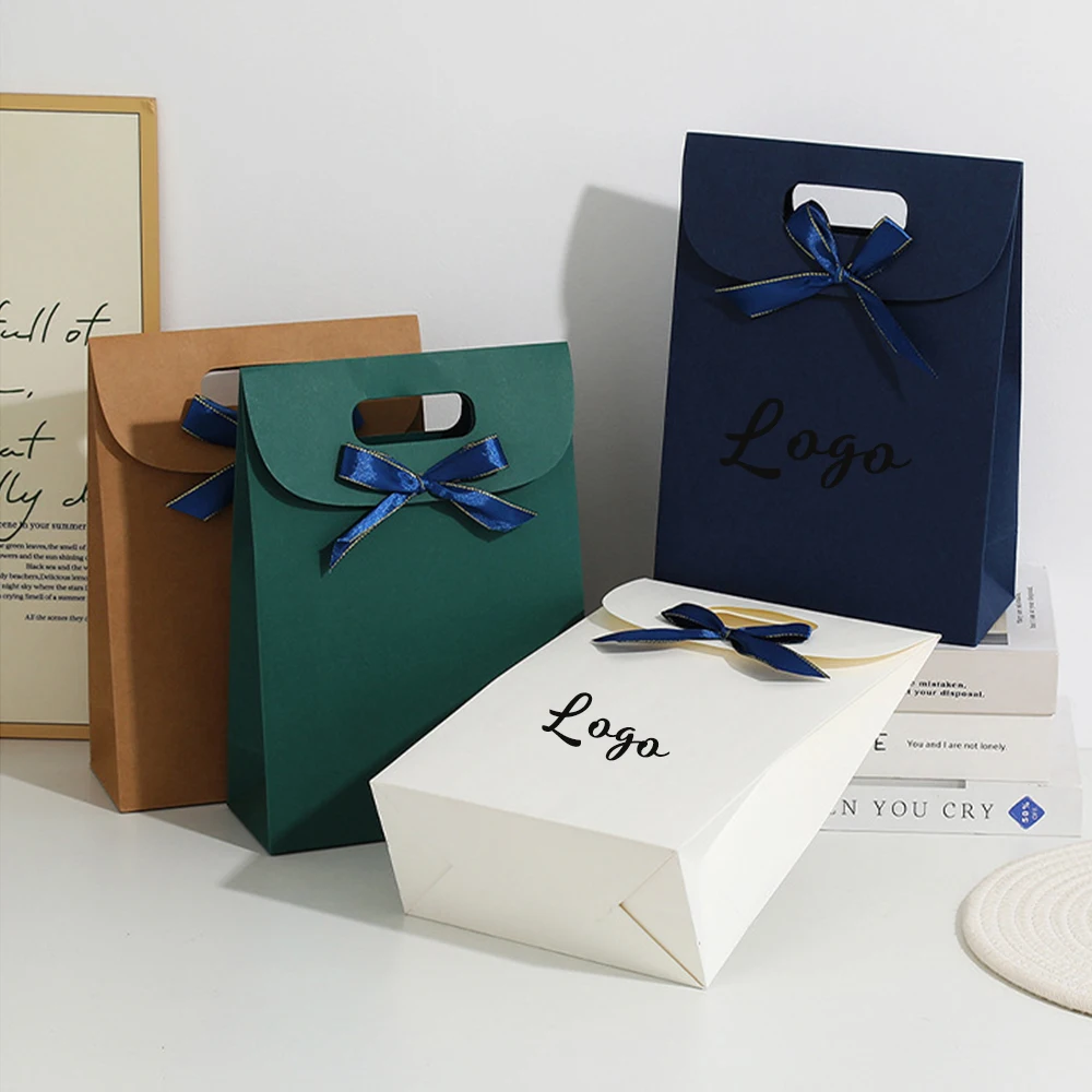

100pcs Blue Paper Bag Tote Bow Bags Wedding Baby Shower Party Gift Packaging Boxes Custom Logo Perfume Bread Cake Sweets Storage