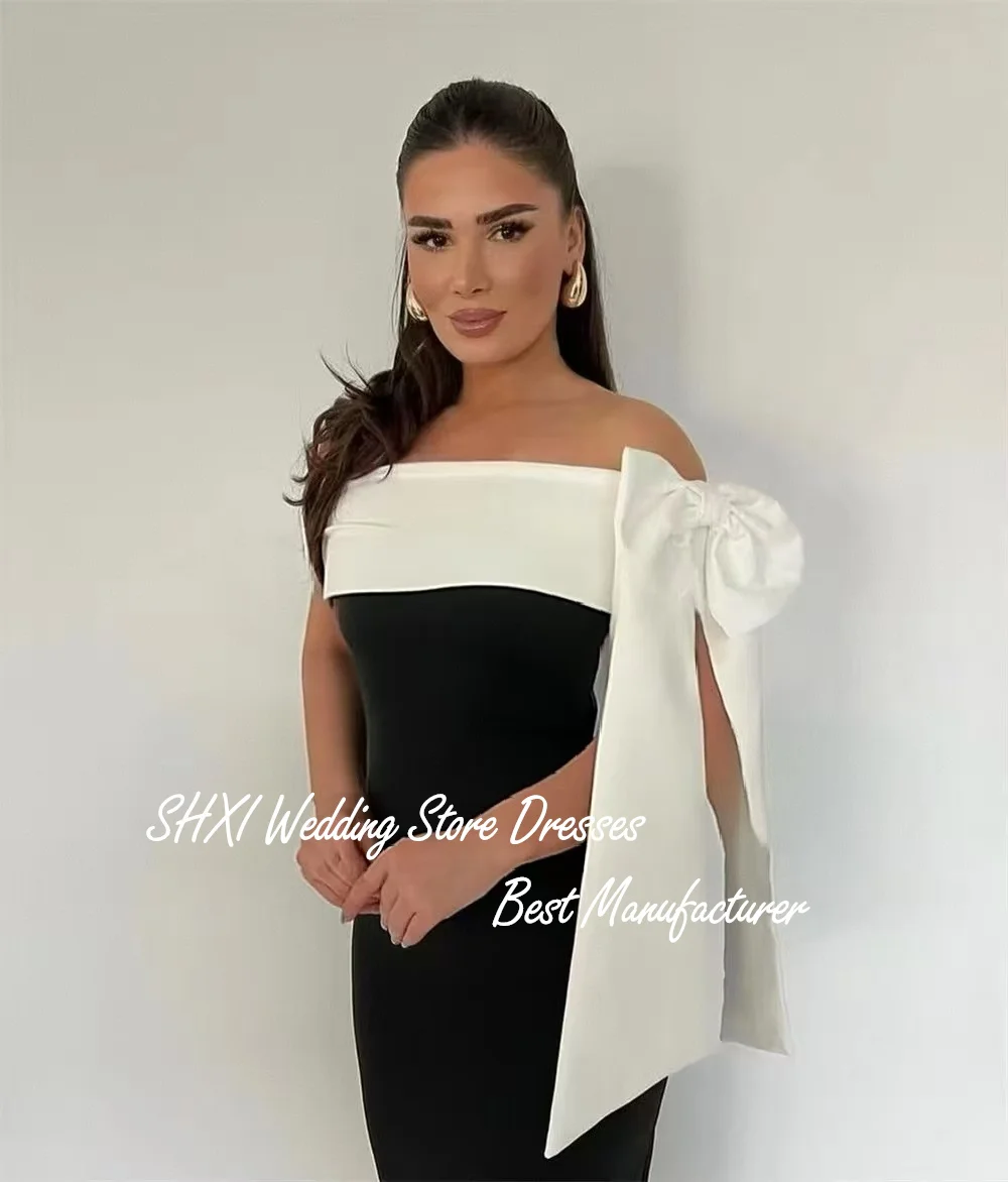 SHXI Gaun Prom Hitam Putih Elegan Gaun Pesta Formal Saudi Dubai Bahu Terbuka Gaun Putri Duyung Panjang Teh Kustom Gaun Pesta