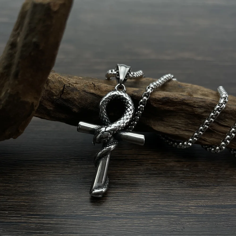 Stainless Steel Snake Cross Pendant Necklace for Men Women Vintage Egyptian Ankh Jewerly