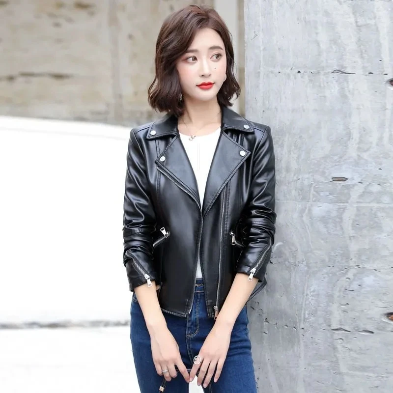 Casual Elegant Outerwear หญิงผู้หญิงเข็มขัดแฟชั่นกระเป๋าหนัง Faux สีทึบซิปเสื้อแจ็คเก็ตคุณภาพนุ่ม