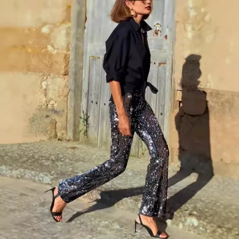 セクシーな女性スパンコールフレアパンツ Y2K エレガントなハイウエストスパークルグリッタースキニースリムパンツナイトクラブウェアストリート