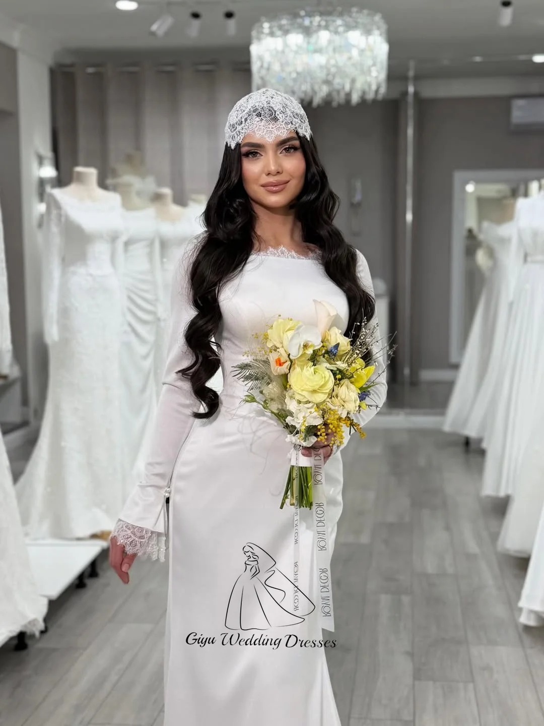 Giyu Elegant Mermaid Trumpet Wedding Dresses For Woman O-Neck Full Sleeves Bridal Gown Customized Lace Decoration Robe De Mariée