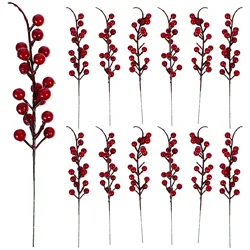 12 Pcs Berry Red Beans Artificial Stem Garland Christmas Decorations Tree Burgundy Picks Pvc Foam Wreath