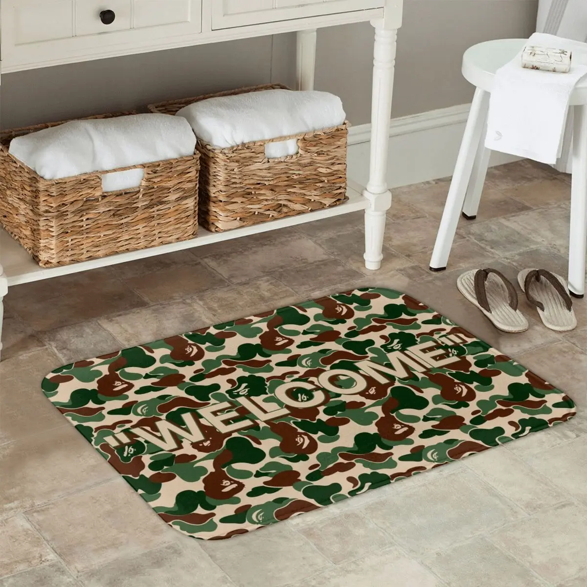 

Welcome Green Camouflage Background Anti-slip Doormat Floor Mat Carpet Rug for Kitchen Entrance Home Bedroom Footpad Mats