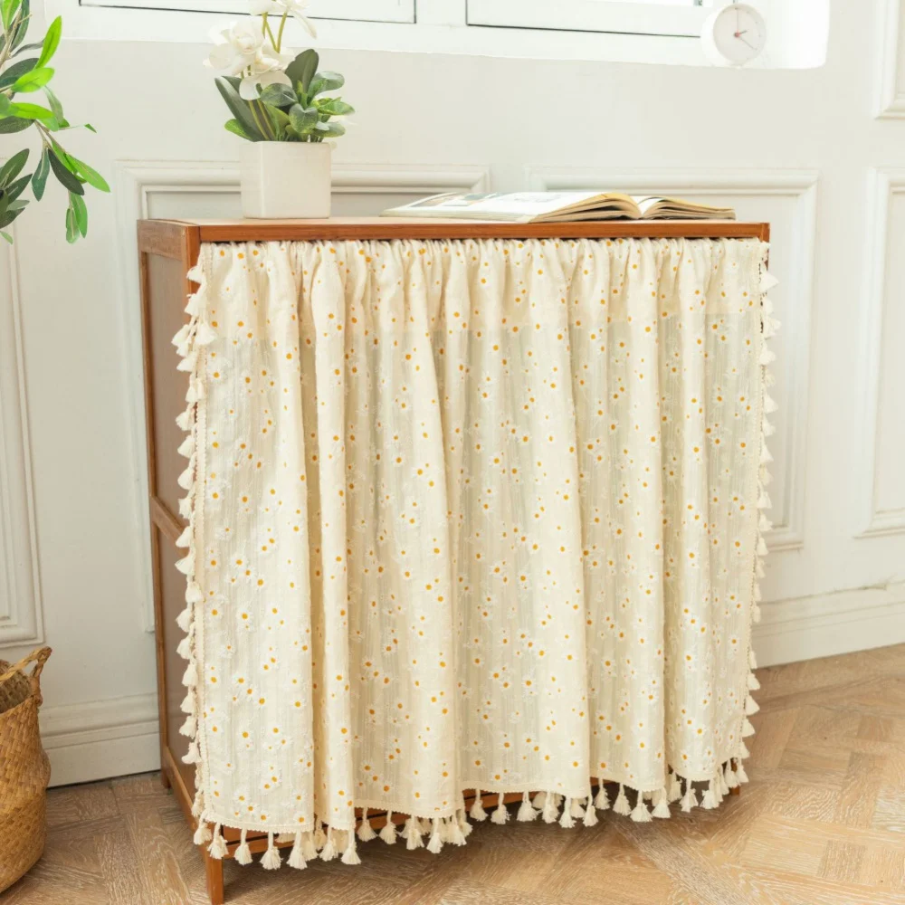 Punch-free Curtain Cotton Daisy Short Curtain Pole Type Cafe Curtain Shoe Cabinet Fabric Cover Half Privacy Sheet for Home Decor