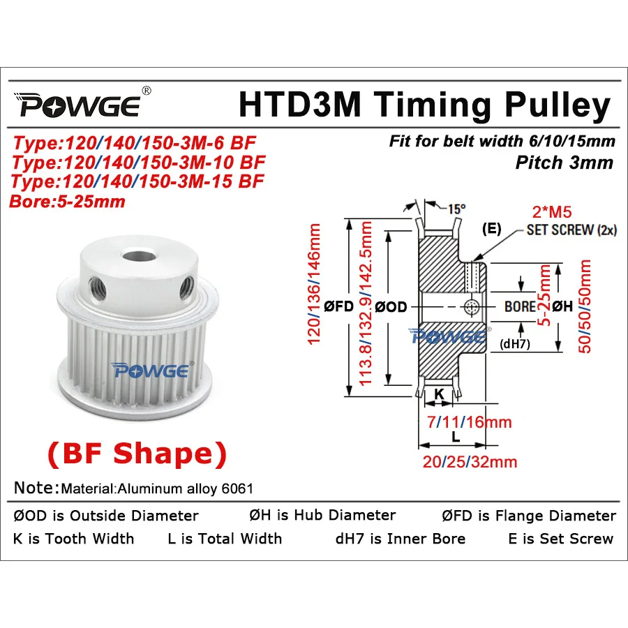 POWGE 120 140 150 teeth HTD 3M Timing Pulley Bore 8/10/12/14/15/16/18/19/20/22/30 for HTD3M belt width 6/10/15mm 120T 140T 150T