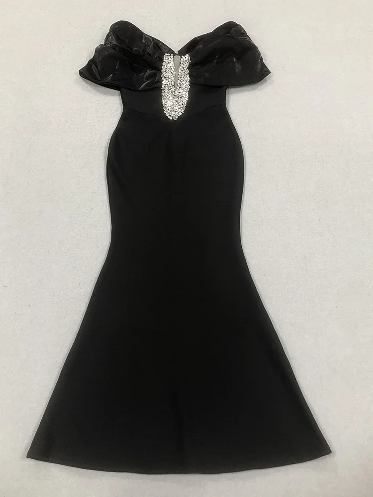 섹시한 오프숄더 다이아몬드 장식 롱 밴디지 드레스 여성용 블랙 반팔 크리스탈 바디콘 드레스 이브닝 파티 칵테일 가운