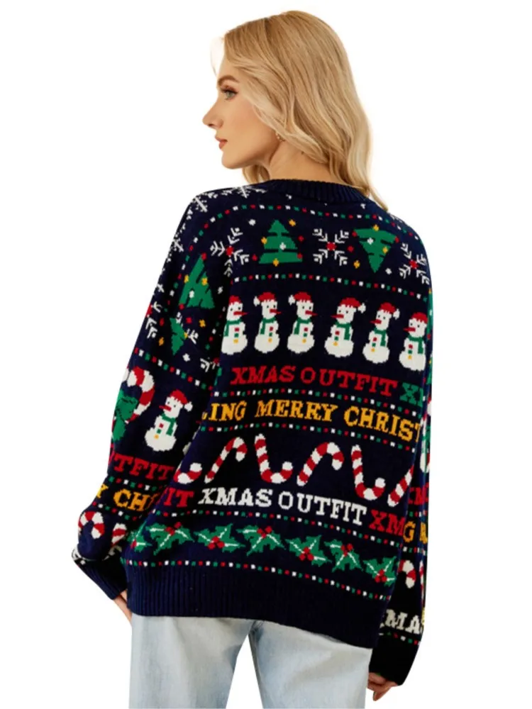 New Casual Loose Knitted Sweater Autumn And Winter Christmas Tree Round Neck Sweater Little Snowman Sequined Christmas Sweater