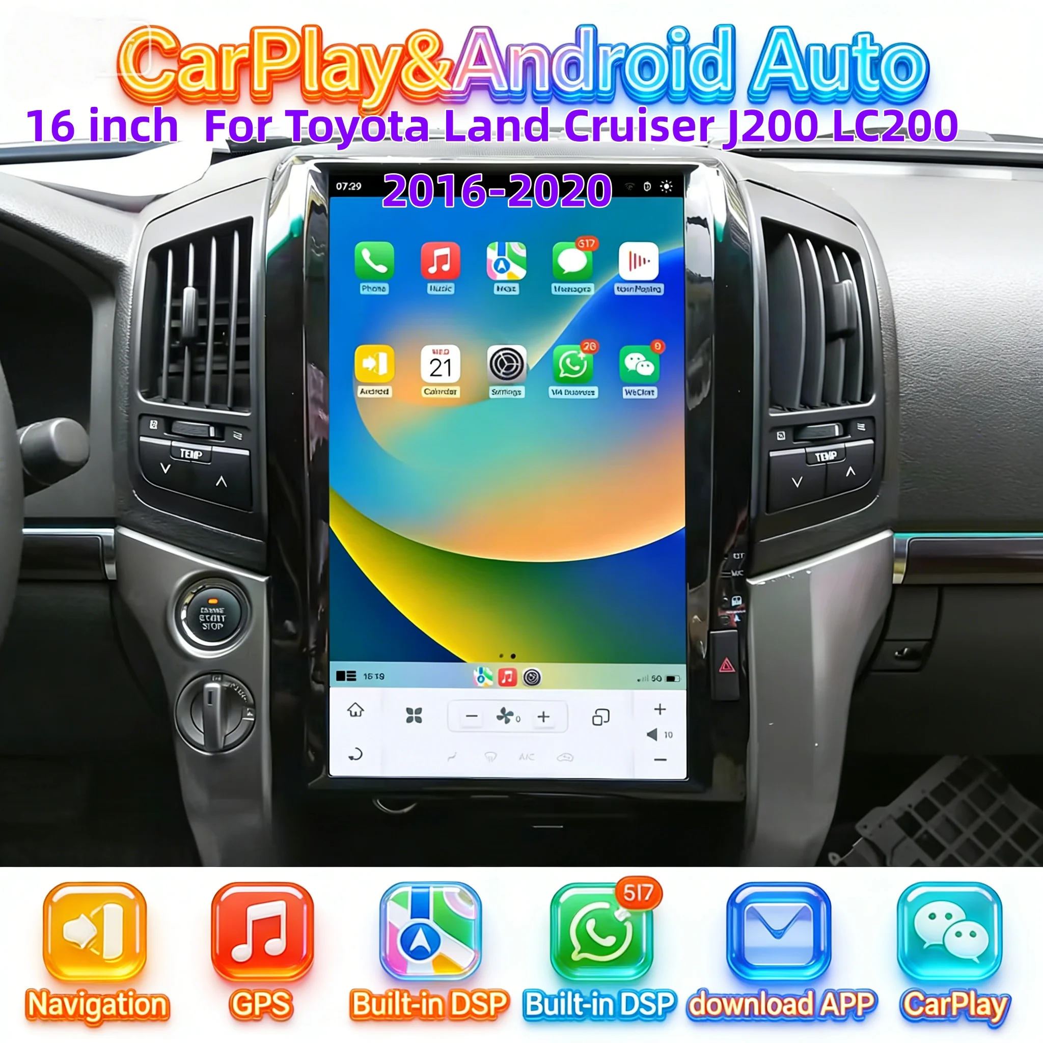 16inch Multimedia Android BT 5.0 4G WIFI Player  For Toyota Land Cruiser J200 LC200 2016-2020 Radio CarPlay Bluetooth Navigation