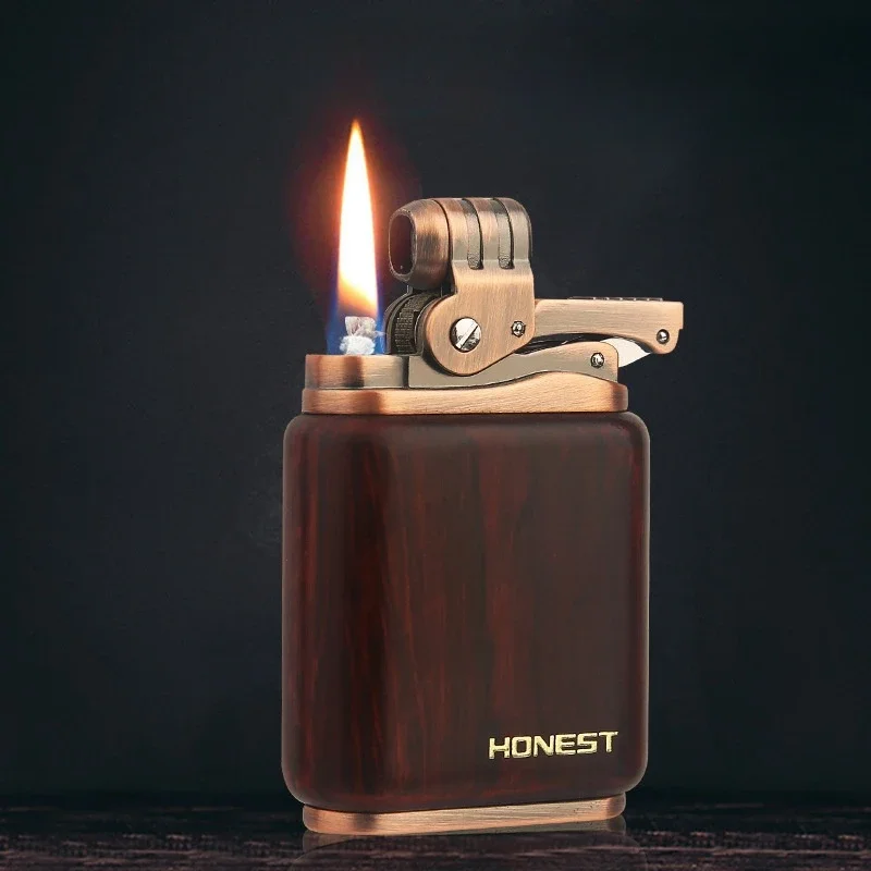 HONEST Retro Sandalwood Kerosene Lighter Mechanical One Button Press Grinding Wheel Ignition Lighters Smoking Accessories Gadget