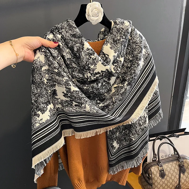 Korean Style Fringed Cashmere Imitation Velvet Scarf Two-in-one Warm Square Scarf Autumn Winter Watermark Painting Design