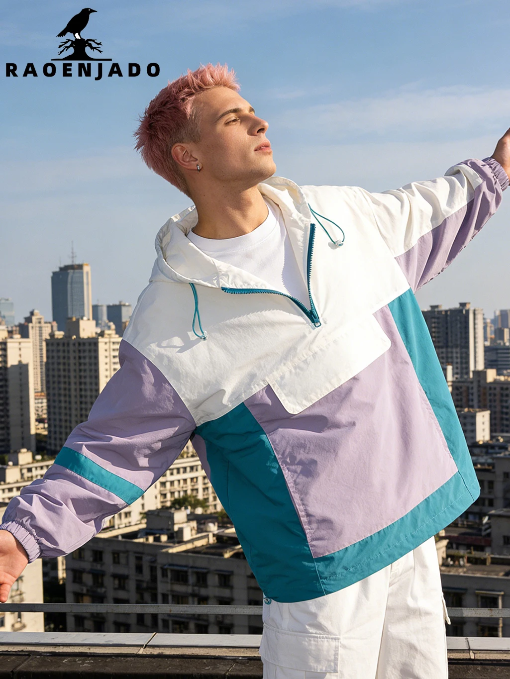 

Men's Hooded Windbreaker Jacket Casual Sporty Streetwear Coat Colorblock Half-ZIP Unisex Workwear Outerwear with Front Pocket