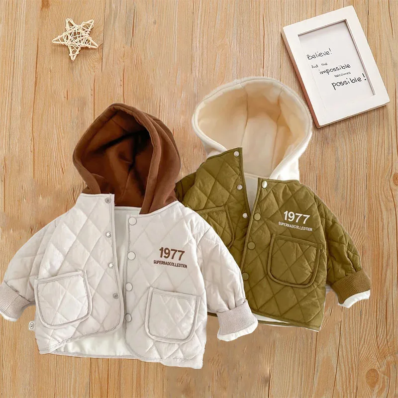 Spring Autumn Cotton Clothing Outerwear For Children Boys Girls Hooded Letters Thickened Jacket Kids Fashion Clothing 0-5 Years