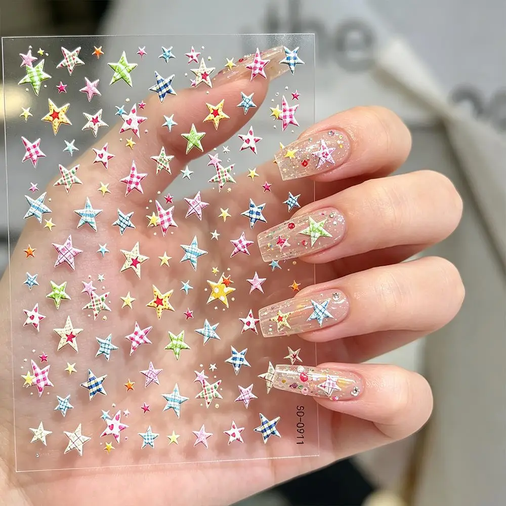 1Pcs Colorful Y2K Plaid Star Nail Stickers Checkered Pentagram Self Adhesive Nails Decals Sweet Cool Girl Stars Manicure Decor N