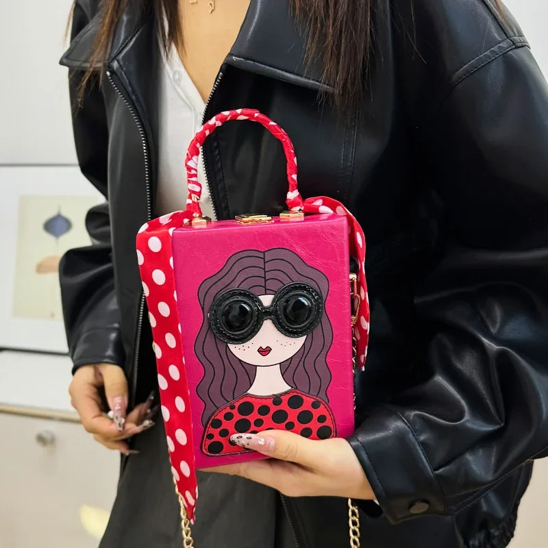 

Cute Girls Printed Box Bag Metallic Handle Women Handbag Candy Color Cartoon Shoulder Crossbody Bags for Women Funny Purses Chic