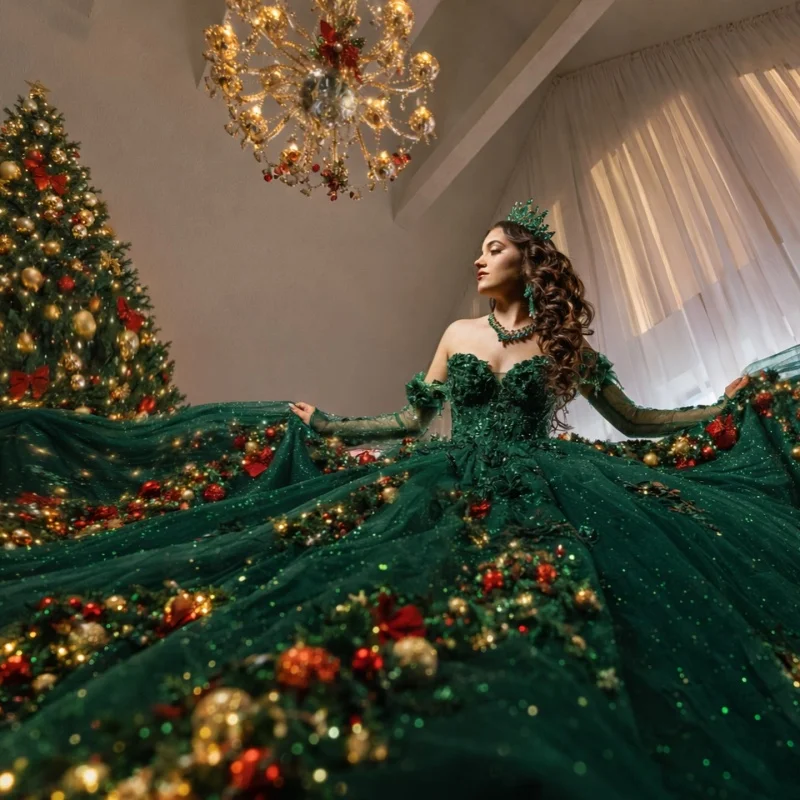 

Shiny Dark Green Quinceanera Dress off-shoulder glitter Crystal decal Bow beads Long tail vestidos de 15 Quinceanera ﻿Customize