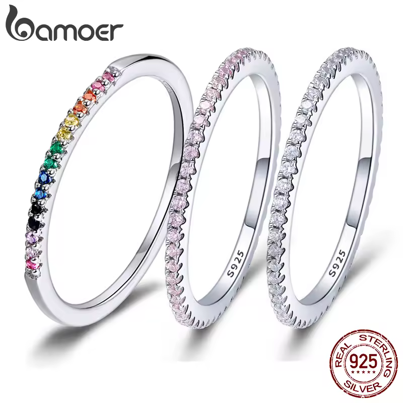 טבעת BAMOER 925 כסף סטרלינג מלאה ביהלומים מדמה, טבעות נישואין מצופות זהב לנשים עם אבן חן צבעונית CZ