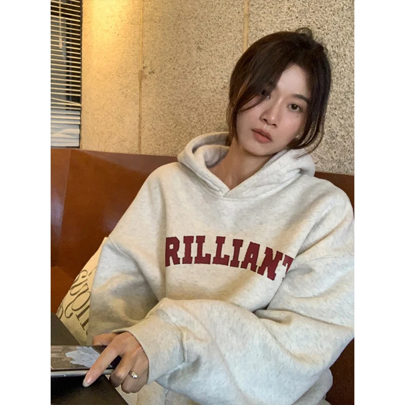 Oversize White Gray Hoodie Women Autumn Winter 2025 New American style Long sleeves Pullover Sweatshirt Y2K Tops Ladies clothing