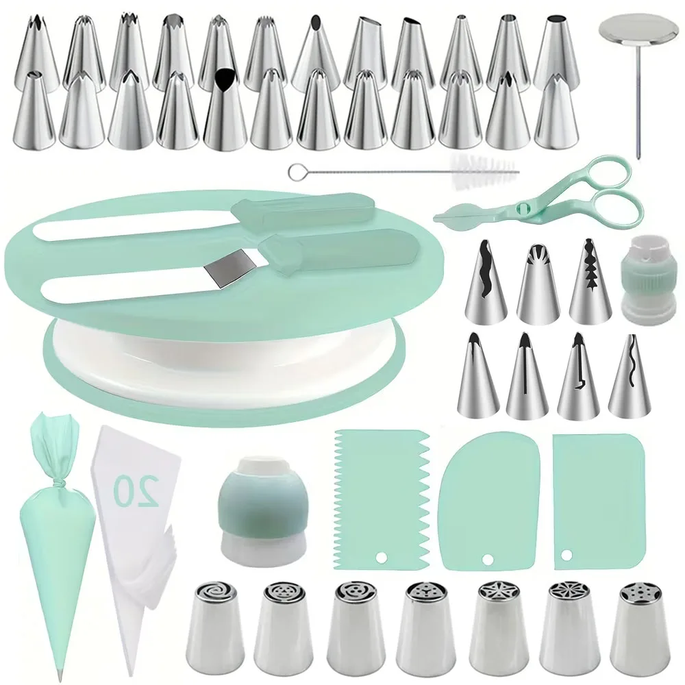 100Pcs Cake Decorating Kit,Complete Baking Tools Set with Turntable, Icing Piping Tips,Spatulas,Bags for Beginners,Pink or Green