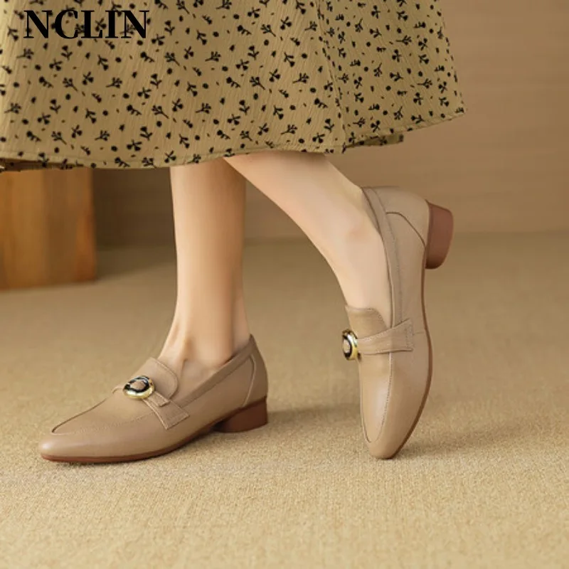 2024 Spring/summer Women Loafers Pointed Toe Chunky Heel Womens Shoe New Genuine Leather Shoe Women Casual Retro Pumps For Women