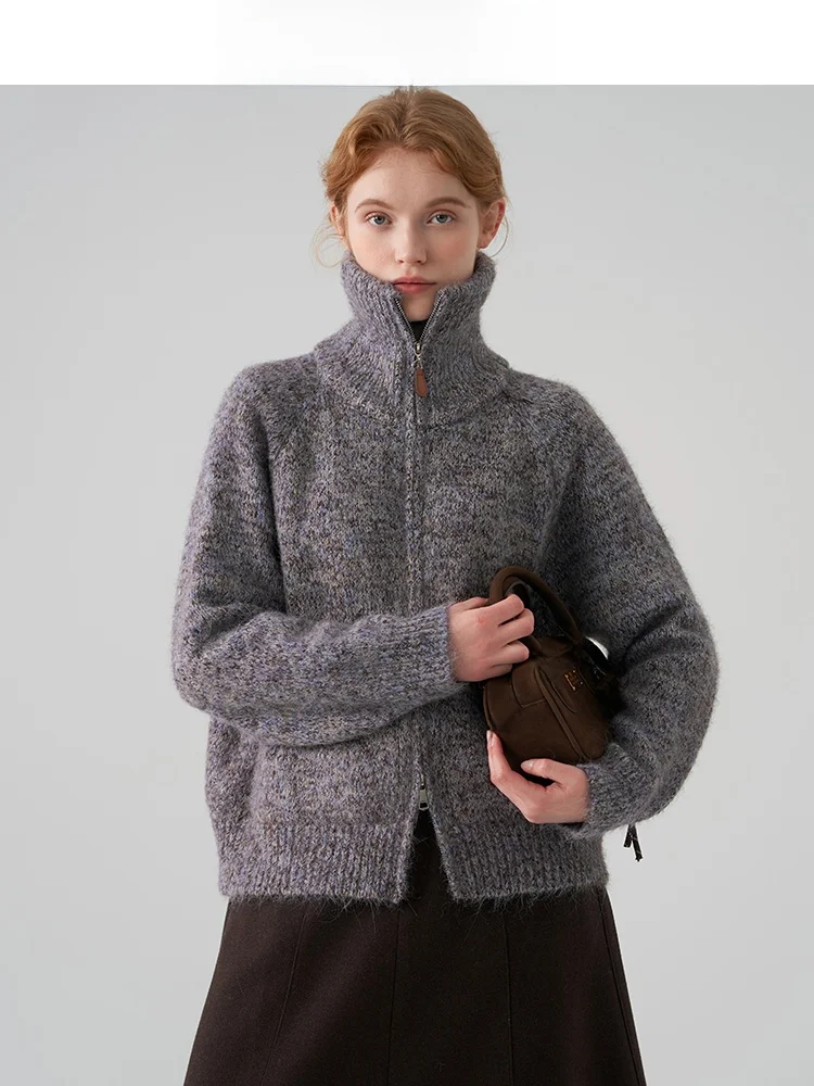 

Утепленный вязаный свитер с воротником-стойкой для женщин, зимний, в винтажном стиле, из смесовой пряжи, с дизайнерским акцентом Jiujiu, на молнии, цельный, C...