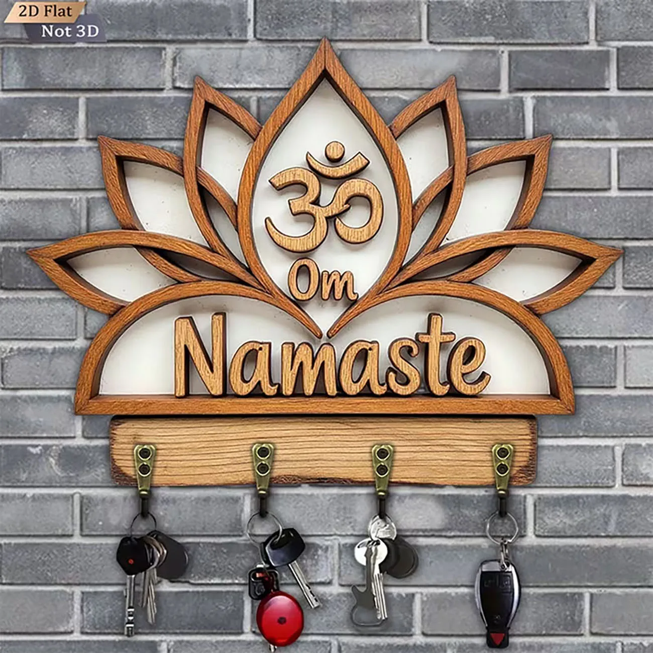 Wooden Om Namaste Lotus Key Holder Wall Decor 2D Flat Print Wall Mount Key Rack for Entryway Home Decoration