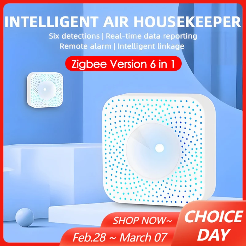 

6 в 1 Tuya Smart WiFi детектор качества воздуха PM2.5 формальдегид VOC CO2 датчик температуры и влажности аварийного газа