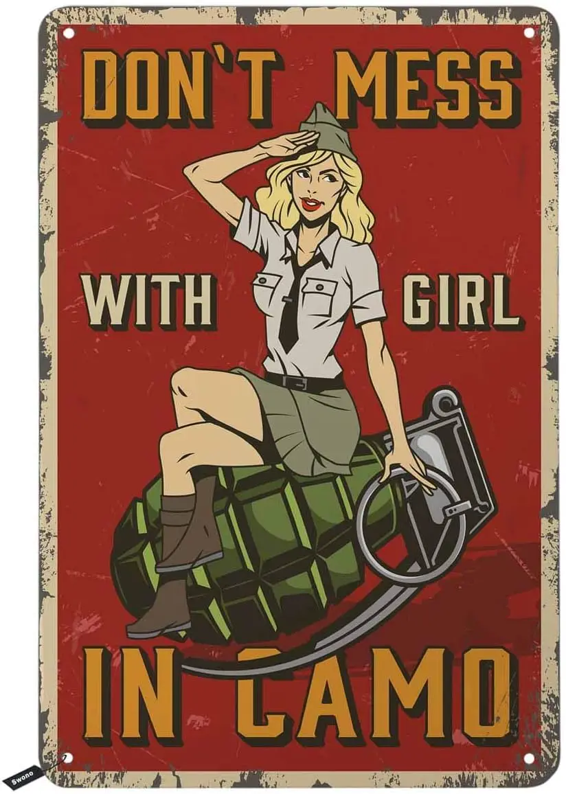 Swono Pin Up Smile Salute Tin Signs,Don;t Mess with Women in Camo Vintage Metal Sign For Men Women,Wall Decor Bars,Resta