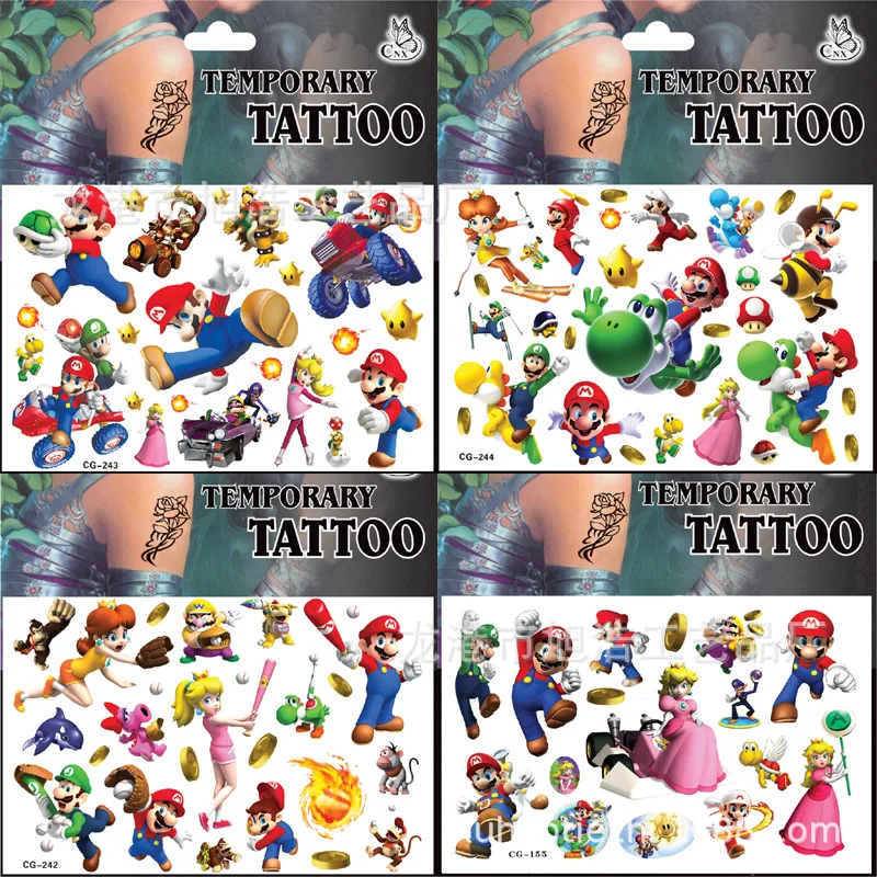 Tattoo Sticker Mario Brother Anime Cartoon Temporary Fake Tattoo Arm Hands Body Waterdichte Tatouages Pour Kids Toy Gift