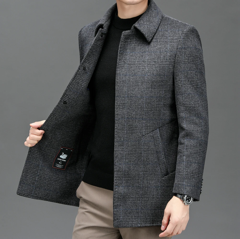 

2023 Winter Men Thicken Wool Blended Overcoat Gray Navy Plaid Sheep Wool Overcoat With Detachable Puff Liner Tweed Outerwear