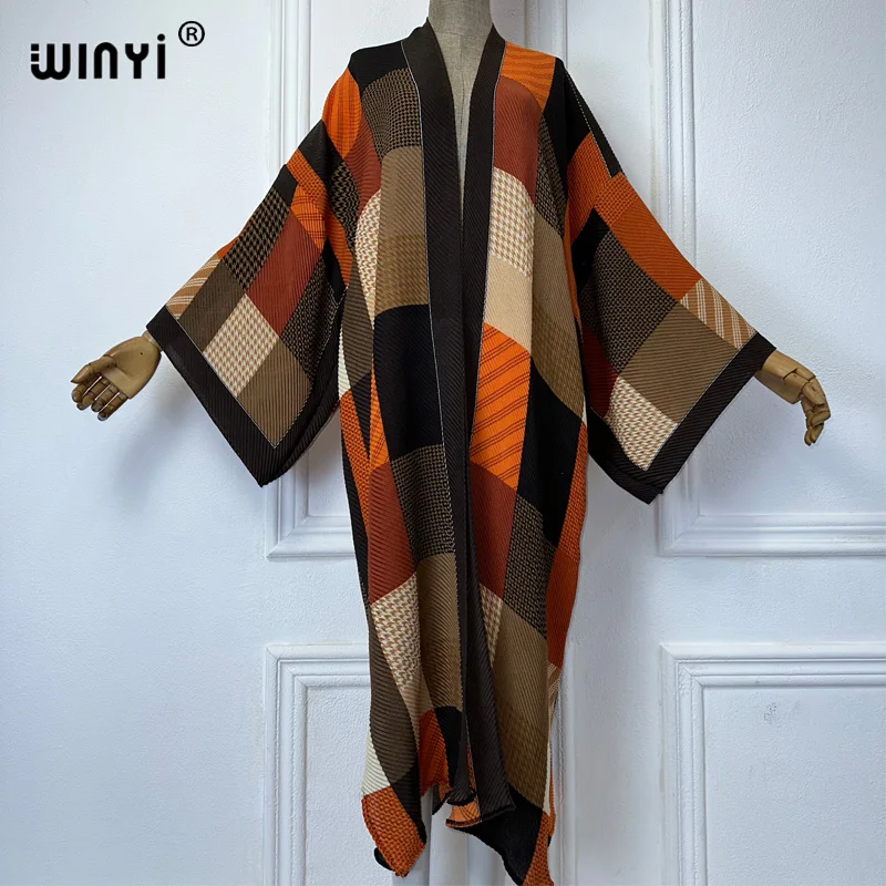 WINYI Geometric print Pleated dress Beach Wear elegant Africa women Cardigan holiday party maxi Kimono cover-ups long down coat