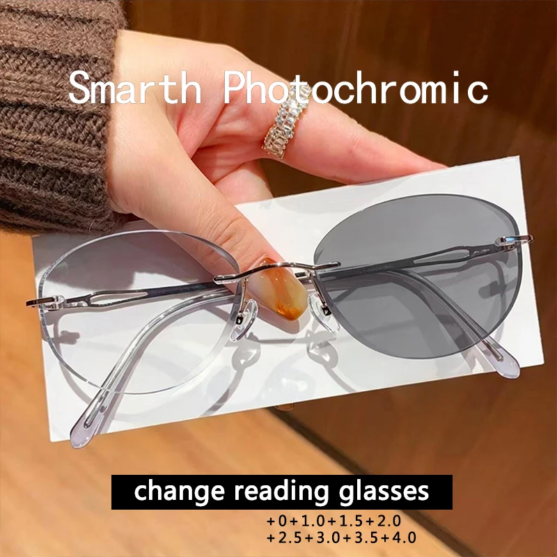 Light Luxury Rimless Reading Glasses For Women, Flash Edge Color-changing Anti-blue Light Lenses, Lightweight Youthful Look 3328