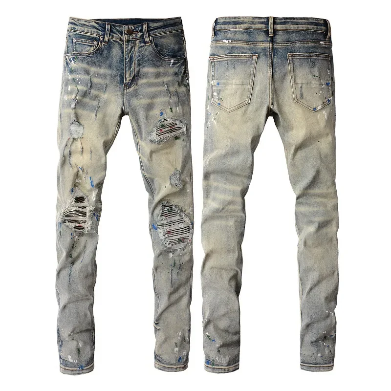 

Pop Individuality Youth Men's High Street Fashion Splashed Ink Graffiti Jeans, New Trendy Slim Fit Ripped Patchwork Elastic Jean