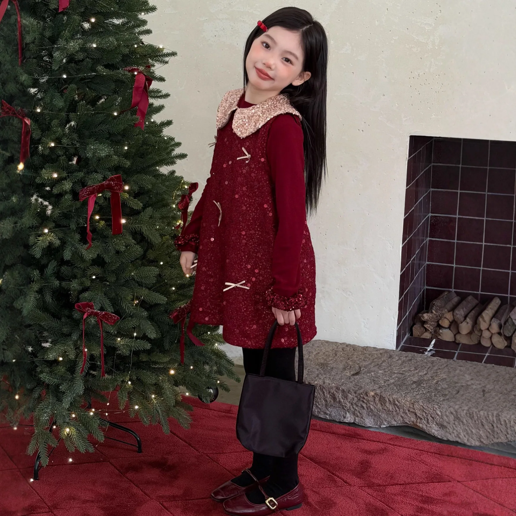 Spring and Autumn Winter Girls' Red Sparkling Dress New Year Christmas Children's Dress Princess