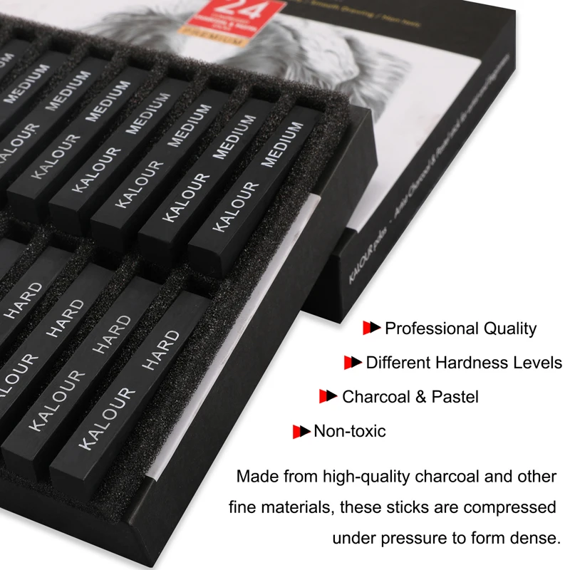 KALOUR 24pcs Sketch Black Carbon Rod Pencil Professional Carbon Painting,Safe Non-toxic Art Supplies,Durable Convenient Gift Box