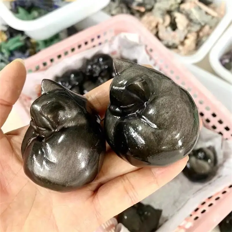 2pcs 6cm Natural Silver Obsidian Sleeping Cat Animal Carving Quartz Healing Crystal Stone Gifts Home Decoration 1pcs