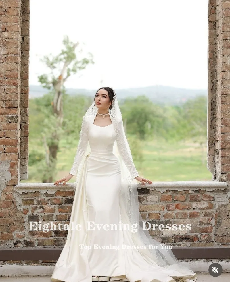 Eightale Muslim Wedding Dress with Detachable Skirt V-Neck Satin Customized Arabic Bridal Gown Long Sleeves Vestido De Noiva