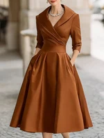 Robe de soirée mi-longue en satin pour femmes, col en V, manches longues, coupe A-line, avec poches, robe formelle pour la mère de la mariée. 5