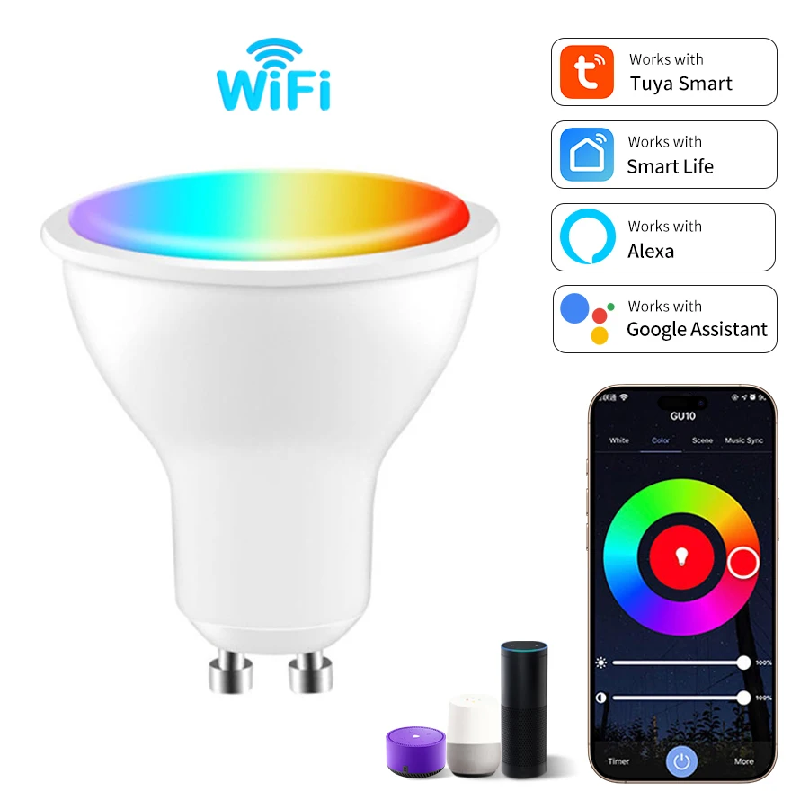 

Умная светодиодная лампа GU10 Tuya WiFi 5W 7W 9W 220V 110V, управление через приложение Smart Life, совместима с Alexa, Google Home, Алиса