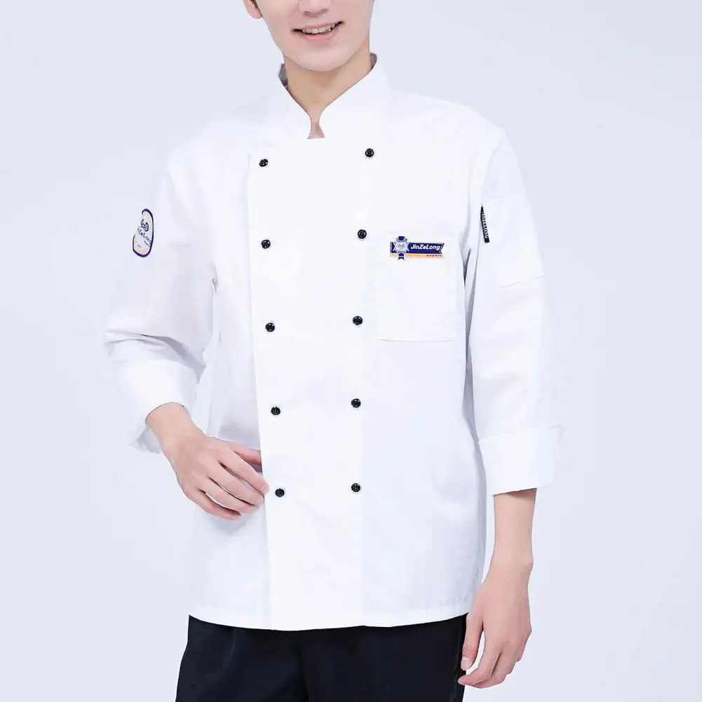 Chef-Shirt Opstaande Kraag Met Dubbele Rij Knopen Lange Mouwen Zak Vest Jas Kookshirt Vrouwen Heren Chef Uniform Werkkleding