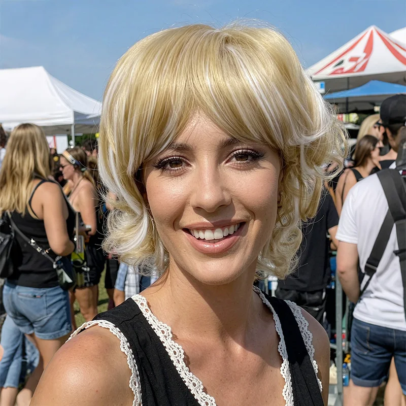 Synthetic Natural Short Wavy Curly Layered Bob Wig Blonde White Highlights For Women Daily Cosplay Party Halloween Costume