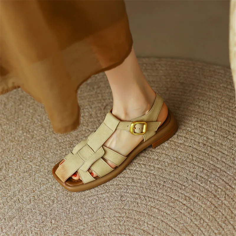 2023 New Summer Sandals Split Leather Low Heels Woman Shoes Chunky Heel Square Toe Sandals Shoes Handmade Casual Women Pumps