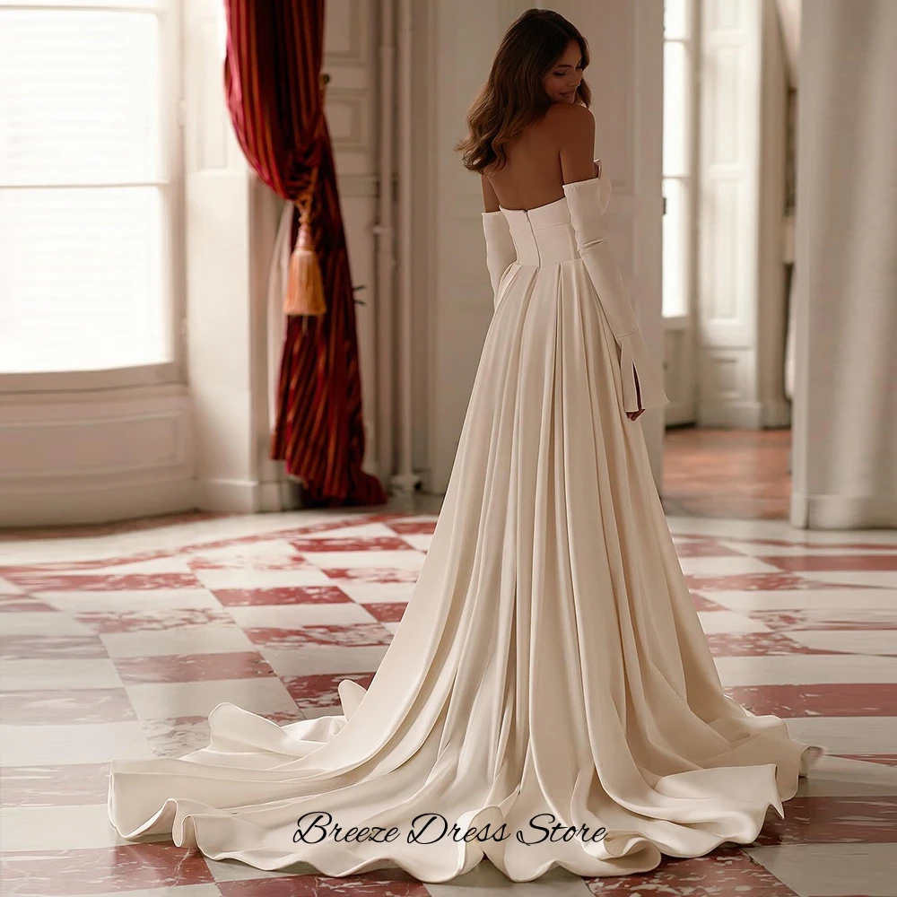 ชุดแต่งงานทรงเอไลน์แบบคลาสสิก แขนกุด ผ้าซาติน พร้อมชายกระโปรงยาวแบบคอร์ทเทรน  สามารถปรับแต่งได้  ชุดเจ้าสาวในฝัน  ผ่าข้าง